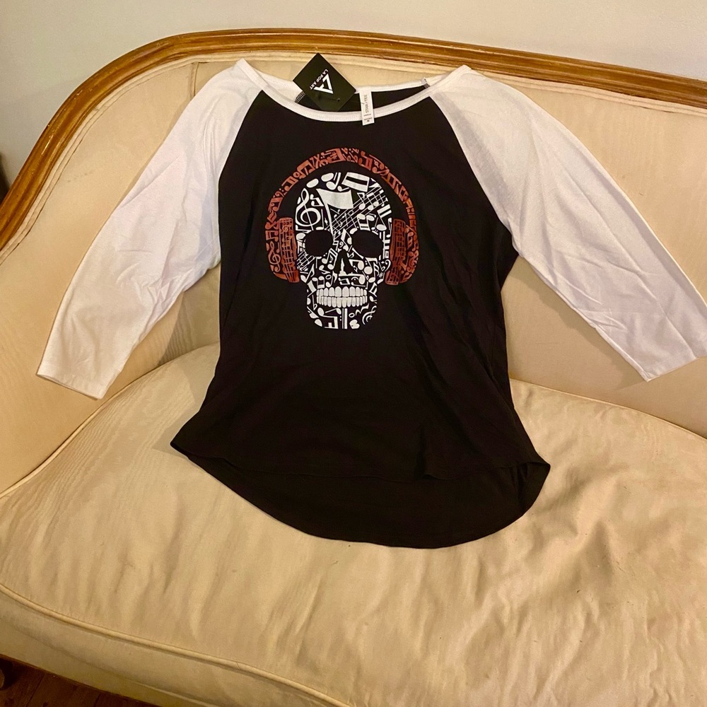 LA POP ART Music Notes Skull w Headphones Raglan Tee Sz M NWT Word Art Tee - Picture 2 of 8